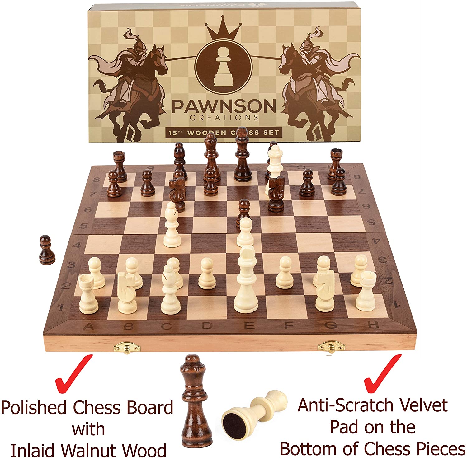  Wooden Chess Set - Handcrafted Chess Pieces - 15 Inch