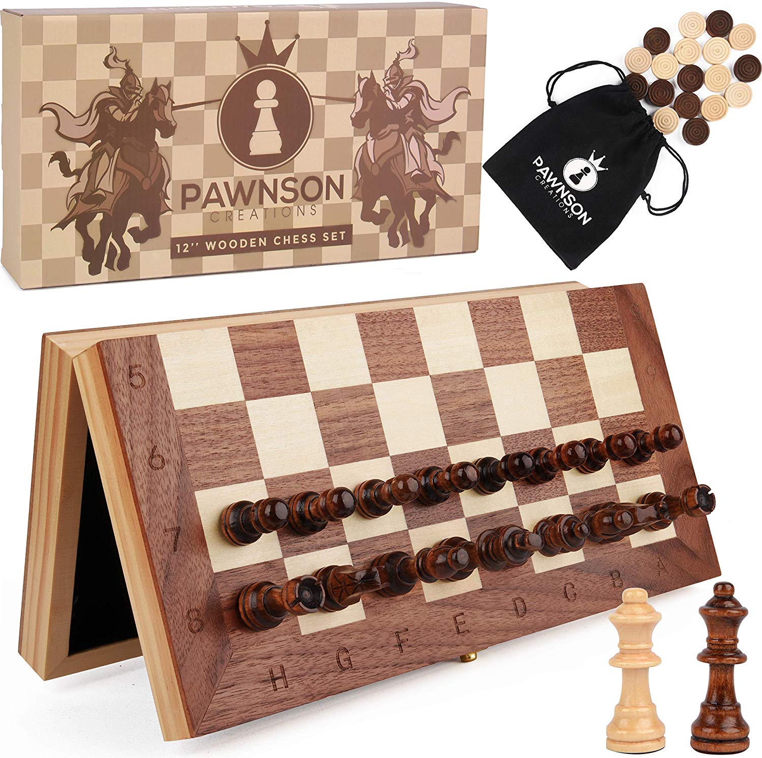 Chess Set 12 Chess Board 12 Folding Wooden Magnetic Chess Set for Adults and Kids with Wood Chess Pieces & Board and Portable Flannel Bag for Home and Travel 